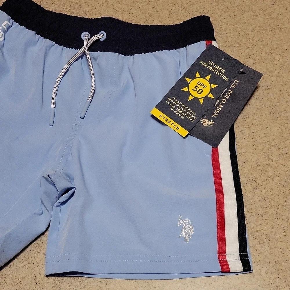 U.S. Polo Assn. Light Blue Swim Trunks with Stripes Size Small 6/7 New With Tags